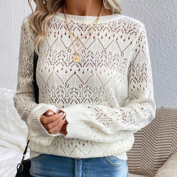 White Boho Womens Solid Pointelle Knit Sweater - Picture 4 of 5